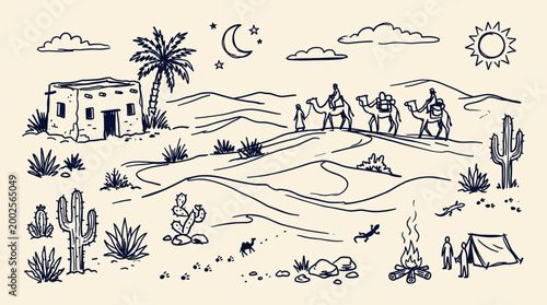 Desert caravan journey across sand dunes at night under starry sky with crescent moon and sun illustration