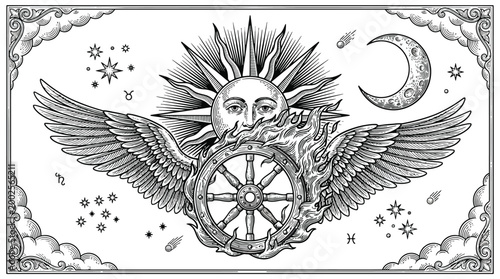 Winged Sun Wheel Emblem with Divine Wings.