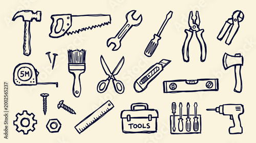 Collection of hand-drawn tools and equipment for construction and repair work isolated on a light background