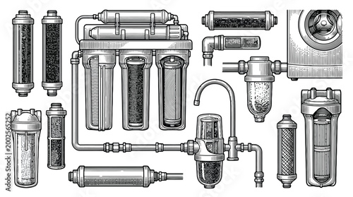 Water Filtration System Cartridges and Faucet Components.