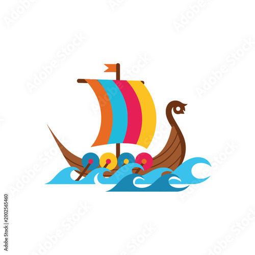 Minimalist pastel halftone Viking ship illustration on white