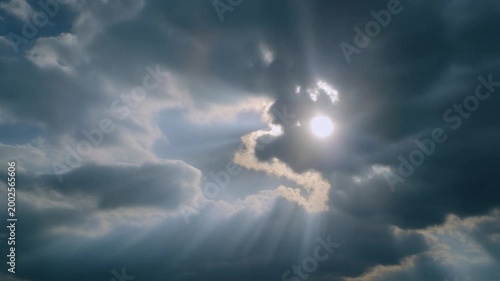 Sky's Embrace: Witness the awe-inspiring dance of sunlight breaking through a canvas of dramatic clouds, painting a scene of ethereal beauty and celestial wonder. Generative AI.