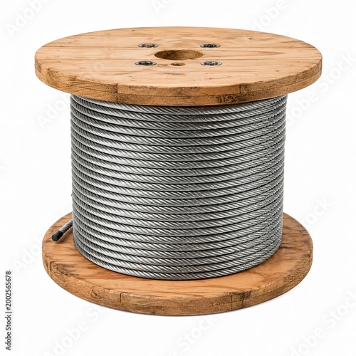 Steel Wire Rope Cable Reel on Wooden Spool Isolated on White