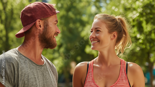 young couple smiling at each other outdoors 