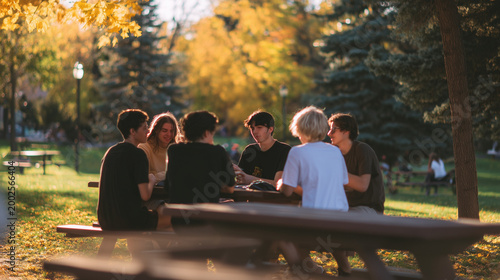 young friends enjoying outdoor gathering in autumn park 