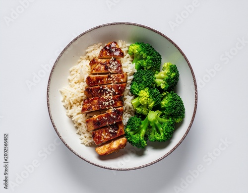 Teriyaki chicken bowl with rice and broccoli on white background