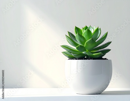 Minimalist green succulent in a white pot on white background