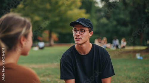 young adults having conversation in park 