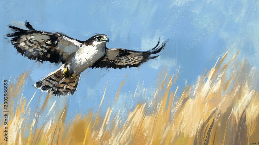 Fototapeta premium Majestic Bird of Prey in Flight over Golden Grassy Field