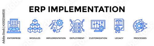 Erp Implementation  Banner Web  Icon Set Collection Pack Vector Illustration Concept Containing Enterprise, Modules, Implementation, Deployment, Customization, Legacy, Processes