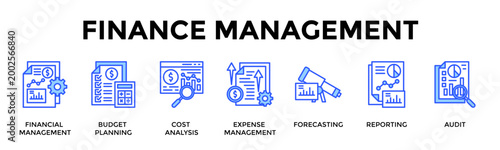 Finance Management  Banner Web  Icon Set Collection Pack Vector Illustration Concept Containing Financial Management, Budget Planning, Cost Analysis, Expense Management, Forecasting, Reporting, Audit