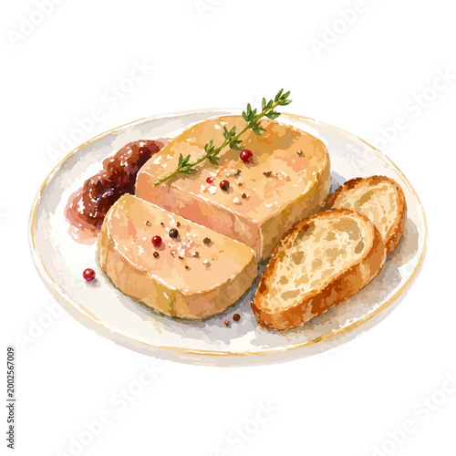 フォアグラのソテーとバゲット 水彩風イラスト
Pan-Seared Foie Gras with Baguette Watercolor Style Illustration