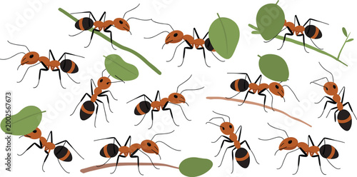 Set of worker ants carrying green leaves and branches representing teamwork colony cooperation industrious nature and hard work concepts