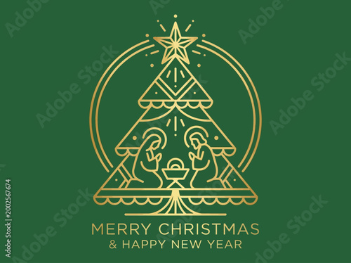 Elegant Golden Christmas Tree Nativity Line Art Illustration on Green Background with Merry Christmas Greeting