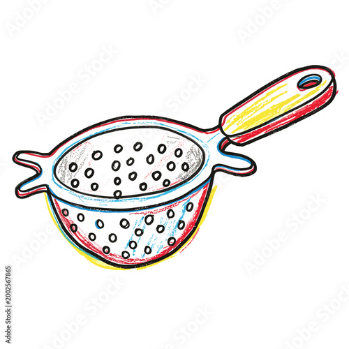 A colorful illustration of a colander with a handle on a white background