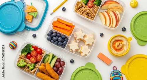 Healthy school lunch box containers with nutritious snacks, flat lay of bento boxes with pasta and fruit, colorful kids meal prep on white background