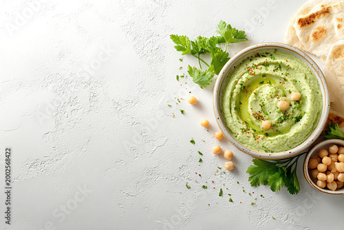 Creamy green hummus dip with olive oil chickpeas parsley and pita bread on white