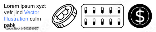 Cryptocurrency, finance, healthcare, economy, trade, digital transactions. Set of coin, medication capsules dollar sign in black and white. Cryptocurrency and healthcare applications concept