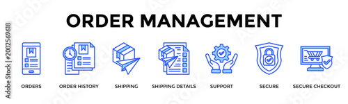 Order Management  Banner Web  Icon Set Collection Pack Vector Illustration Concept Containing Orders, Order History, Shipping, Shipping Details, Support, Secure, Secure Checkout