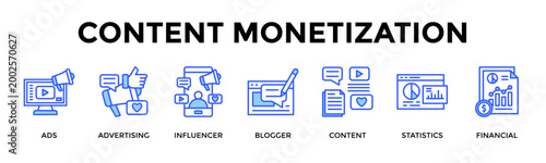 Content Monetization  Banner Web  Icon Set Collection Pack Vector Illustration Concept Containing Ads, Advertising, Influencer, Blogger, Content, Statistics, Financial