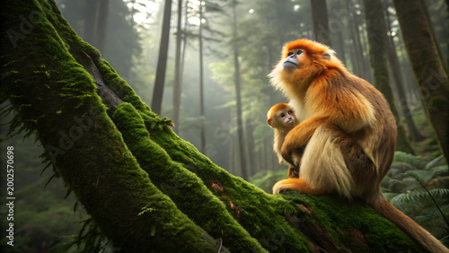 golden snub-nosed monkey sitting on mossy tree branch in misty forest sunlight