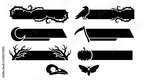 Spooky black silhouette Halloween blank banners and text boxes decorated with thorny vines, a raven, moon, pumpkin, bird skull, and creepy moth