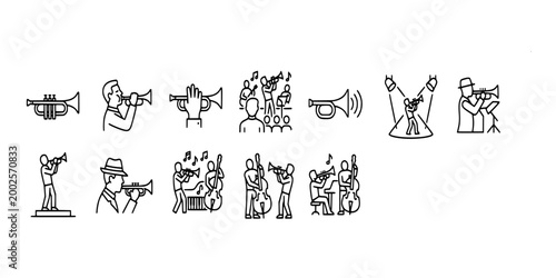 icon set collection of trumpet players in various settings, featuring solo performers under spotlights, jazz duos with double bass, and ensembles.