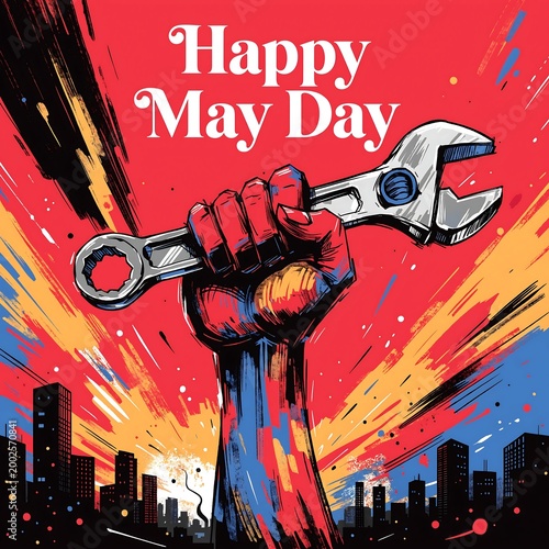Fist with wrench illustration happy may day message colorful urban background strength