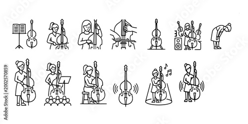 icon set collection of female musicians playing double bass and cello, featuring practice sessions, orchestral performances, and bowing techniques.