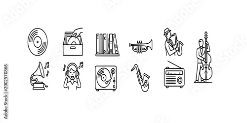 icon set collection of vintage audio equipment featuring vinyl records, gramophones, radio tuners, record crates, headphones, and classic jazz instruments
