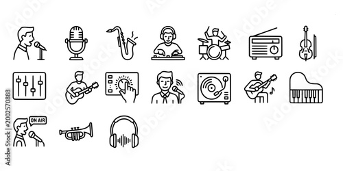 icon set collection of modern audio content creation featuring podcasters, DJing, radio broadcasting, mixing tools, and various classic musical instruments.