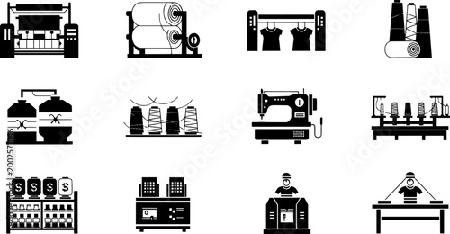 Textile industry machines and workers producing fabric clothes in manufacturing process