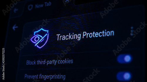 Browser settings interface showing tracking protection with options to block third party cookies and prevent digital fingerprinting for enhanced user privacy and data security