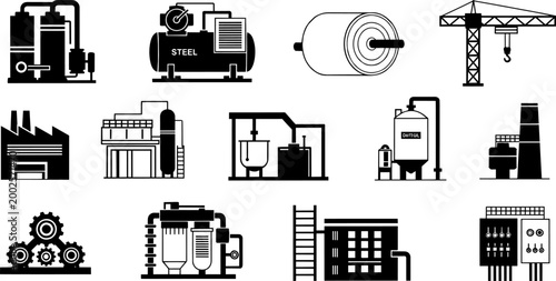 Industrial machinery and processing equipment outline icons for manufacturing facilities