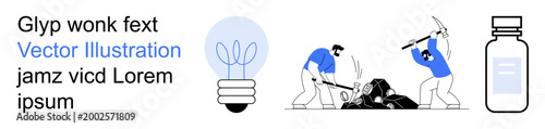 Innovation, teamwork, manual labor, healthcare, idea generation, productivity. Two workers breaking rocks, a lightbulb and a medicine bottle. Manual labor and innovation