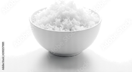 White rice in ceramic bowl, fluffy cooked grains, healthy Asian food, isolated on white