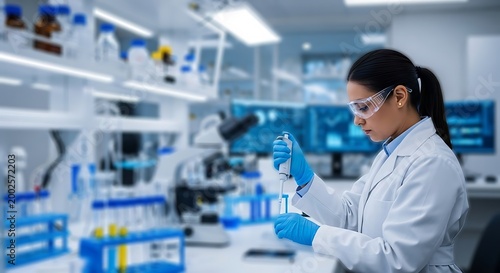 Female scientist in white lab coat meticulously pipetting samples in a high-tech laboratory environment. Ideal for pharmaceutical research and healthcare diagnostic marketing.