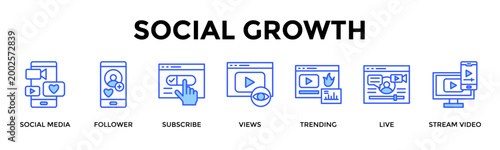 Social Growth  Banner Web  Icon Set Collection Pack Vector Illustration Concept Containing Social Media, Follower, Subscribe, Views, Trending, Live, Stream Video