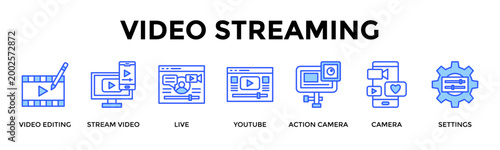 Video Streaming  Banner Web  Icon Set Collection Pack Vector Illustration Concept Containing Video Editing, Stream Video, Live, Youtube, Action Camera, Camera, Settings