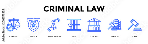 Criminal Law  Banner Web  Icon Set Collection Pack Vector Illustration Concept Containing Illegal, Police, Corruption, Jail, Court, Justice, Law