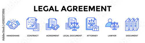 Legal Agreement  Banner Web  Icon Set Collection Pack Vector Illustration Concept Containing Handshake, Contract, Agreement, Legal Document, Attorney, Lawyer, Document