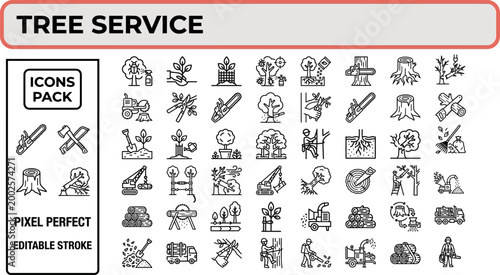 Tree service line icon set for arborist and landscaping design