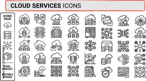 Cloud services outline icon pack as editable vector illustration for hosting dashboards, platform interfaces, and tech presentations
