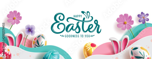 Happy Easter greeting card banner design. Easter greeting text clip art template with colorful eggs, flowers and paper cut decoration elements in white background for traditional celebration