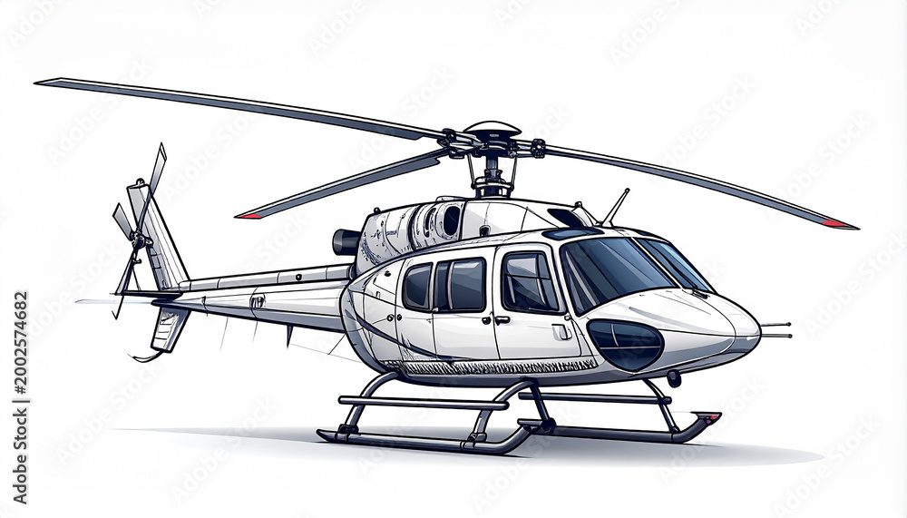 Fototapeta premium White cartoon helicopter with rotors and landing skids on white background aircraft