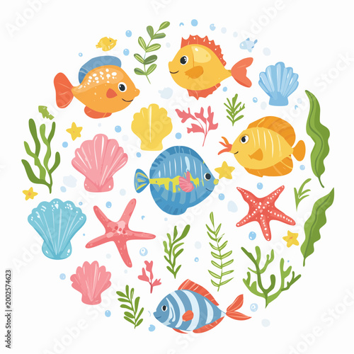 Cute hand-drawn marine life illustration set for aquarium decorations.