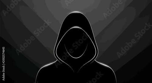Anonymous hooded figure with a sinister smile symbolizing mystery danger and hidden threats in a dark abstract