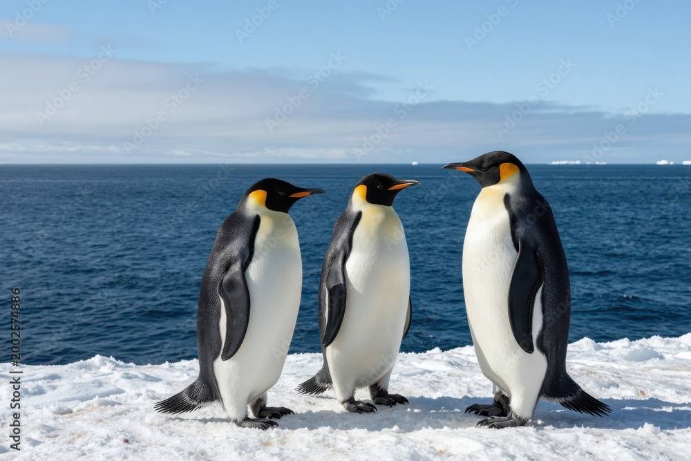 Fototapeta premium Penguins Standing on Ice Beside Vast Ocean