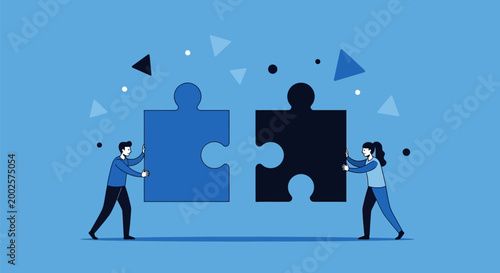 Two diverse people collaborate to connect large puzzle pieces symbolizing teamwork partnership and problem solving