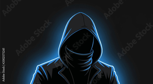 Mysterious hooded figure with glowing blue outline and abstract background representing anonymity and digital threat